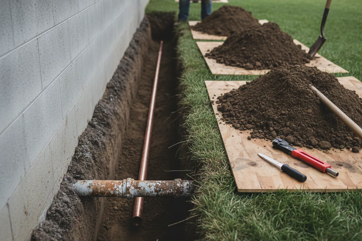 Excavated water line trench during Sewer Line Repair in Hookerton